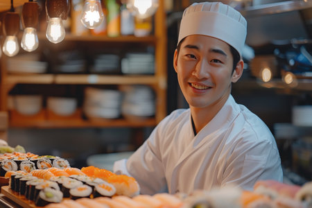 Asian male chef making sushi at the bar in a Japanese restaurant.の素材