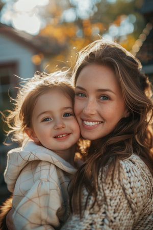 Caucasian daughter hugging mother in front of her house.の素材