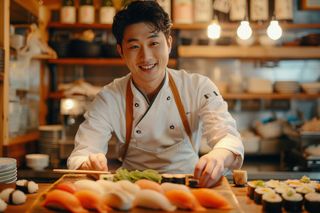 Asian male chef making sushi at the bar in a Japanese restaurant.の素材