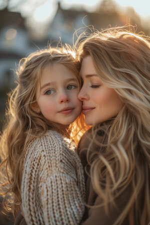 Caucasian daughter hugging mother in front of her house.の素材