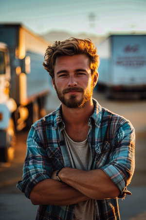 Caucasian male truck driver smiles confidently next to his vehicle.の素材