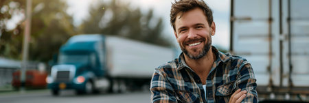 Caucasian male truck driver smiles confidently next to his vehicle.の素材