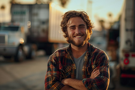 Caucasian male truck driver smiles confidently next to his vehicle.の素材