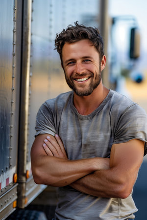 Caucasian male truck driver smiles confidently next to his vehicle.の素材
