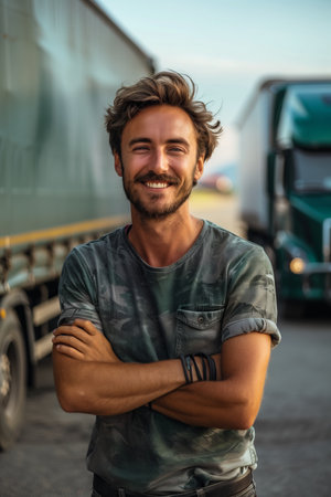 Caucasian male truck driver smiles confidently next to his vehicle.の素材
