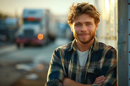 Caucasian male truck driver smiles confidently next to his vehicle.の素材