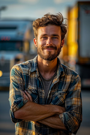 Caucasian male truck driver smiles confidently next to his vehicle.の素材