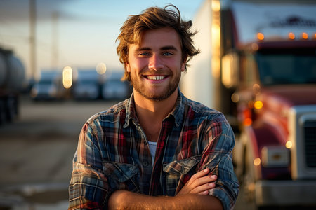 Caucasian male truck driver smiles confidently next to his vehicle.の素材