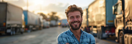 Caucasian male truck driver smiles confidently next to his vehicle.の素材
