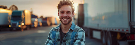 Caucasian male truck driver smiles confidently next to his vehicle.の素材