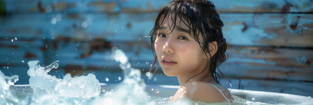 Asian woman taking ice bath in outdoor tub.の素材