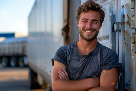 Caucasian male truck driver smiles confidently next to his vehicle.の素材