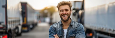 Caucasian male truck driver smiles confidently next to his vehicle.の素材