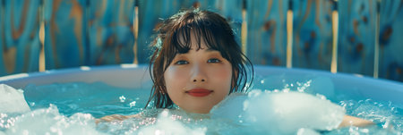 Asian woman taking ice bath in outdoor tub.の素材