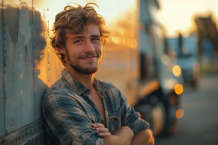 Caucasian male truck driver smiles confidently next to his vehicle.の素材
