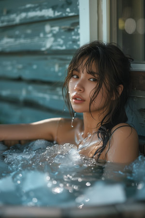 Asian woman taking ice bath in outdoor tub.の素材