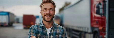 Caucasian male truck driver smiles confidently next to his vehicle.の素材