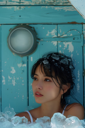 Asian woman taking ice bath in outdoor tub.の素材