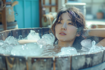Asian woman taking ice bath in outdoor tub.の素材