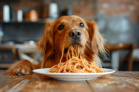 Dog eats delicious spaghetti in the kitchen.の素材