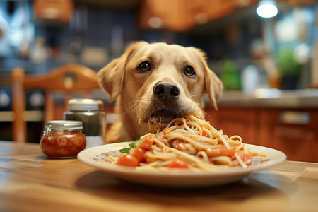 Dog eats delicious spaghetti in the kitchen.の素材