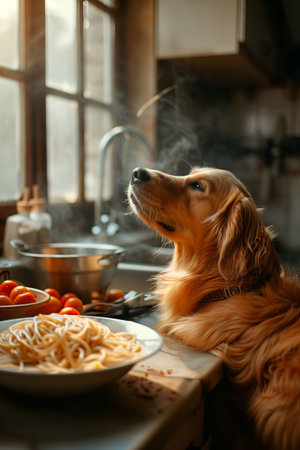 Dog eats delicious spaghetti in the kitchen.の素材