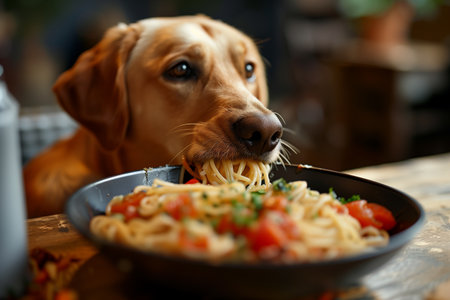 Dog eats delicious spaghetti in the kitchen.の素材