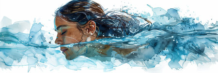 Watercolor painting of Caucasian woman swimming in the pool.の素材