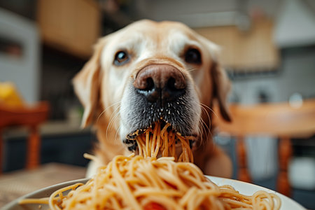 Dog eats delicious spaghetti in the kitchen.の素材