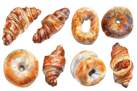 Watercolor painting of a collection of croissants and bagels on a white background.の素材