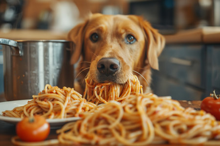 Dog eats delicious spaghetti in the kitchen.の素材