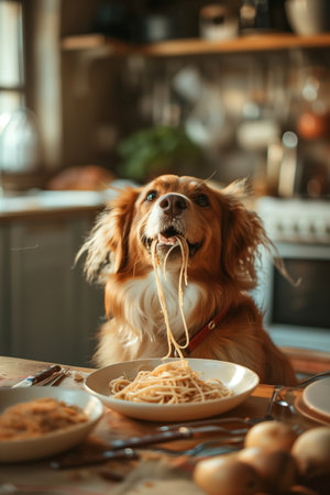 Dog eats delicious spaghetti in the kitchen.の素材