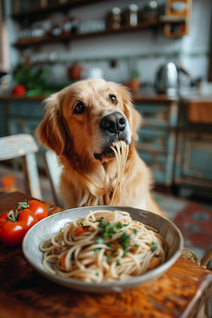 Dog eats delicious spaghetti in the kitchen.の素材