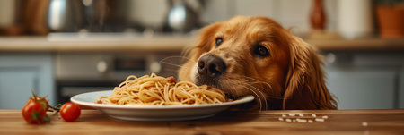 Dog eats delicious spaghetti in the kitchen.の素材