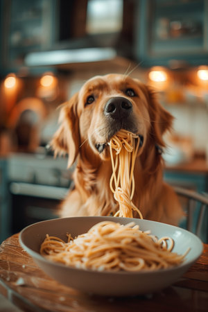 Dog eats delicious spaghetti in the kitchen.の素材