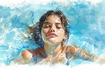 Watercolor painting of Caucasian woman swimming in the pool.の素材