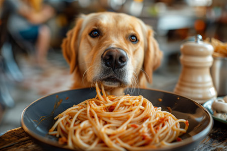 Dog eats delicious spaghetti in the kitchen.の素材