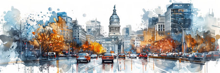 Watercolor painting of a cityscape with heavy traffic on the road.の素材