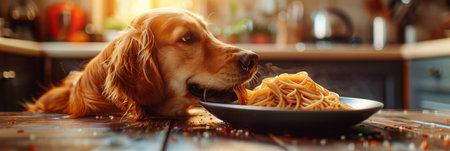 Dog eats delicious spaghetti in the kitchen.の素材