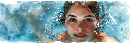 Watercolor painting of Caucasian woman swimming in the pool.の素材