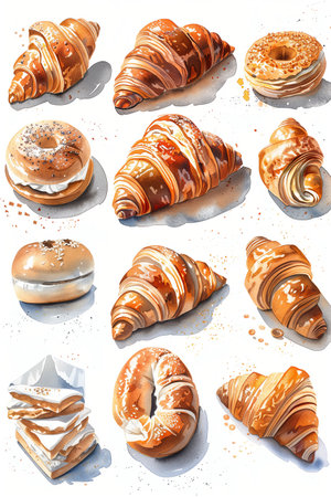 Watercolor painting of a collection of croissants and bagels on a white background.の素材