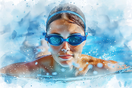 Watercolor painting of Caucasian woman swimming in the pool.の素材