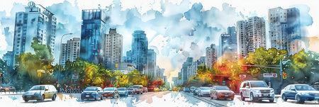Watercolor painting of a cityscape with heavy traffic on the road.の素材