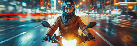 Asian man wearing a helmet drives a motorcycle in the city at night.の素材