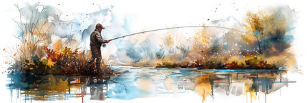 Watercolor painting of a man fishing with a rod at the riverside.の素材