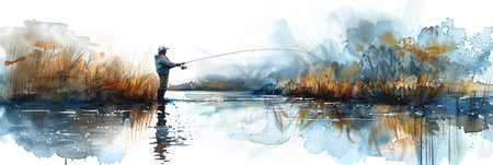 Watercolor painting of a man fishing with a rod at the riverside.の素材