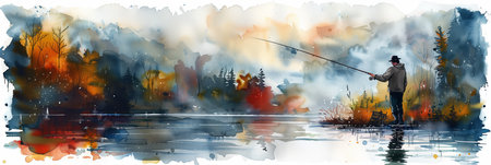 Watercolor painting of a man fishing with a rod at the riverside.の素材