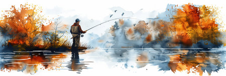 Watercolor painting of a man fishing with a rod at the riverside.の素材