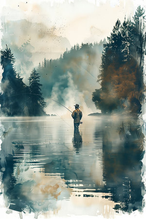 Watercolor painting of a man fishing with a rod at the riverside.の素材