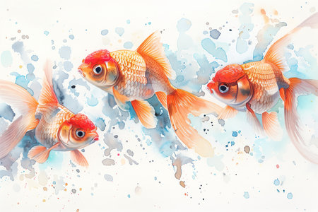 Watercolor painting of a school of goldfish swimming in clear water.の素材
